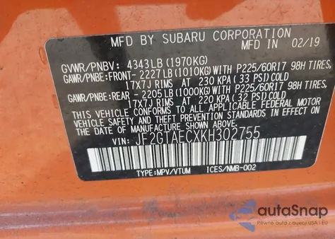 2019 Subaru Crosstrek 2.0I Premium from USA, damaged, VIN JF2GTAECXKH302755